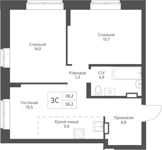 Планировка — Экоград 12 дворов, 3-комн., 56 м²