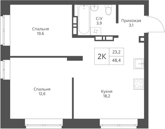 Планировка — Экоград 12 дворов, 2-комн., 48 м²