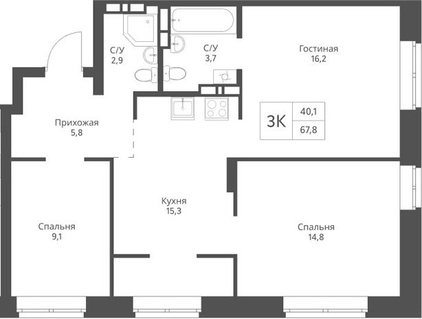 Планировка — Экоград 12 дворов, 3-комн., 68 м²