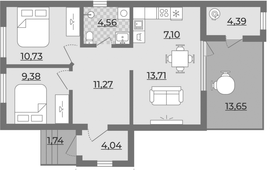 Планировка — Коттеджный поселок Южные Луга, 2-комн., 68 м²