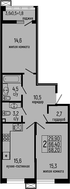 Планировка — Звезды, 2-комн., 66 м²