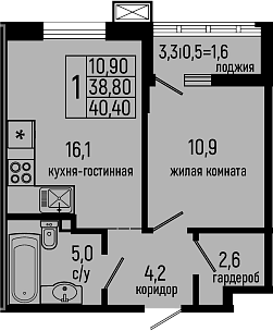 Планировка — Звезды, 1-комн., 39 м²