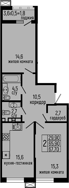 Планировка — Звезды, 2-комн., 66 м²