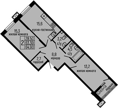Планировка — Звезды, 2-комн., 63 м²