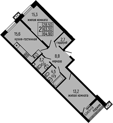 Планировка — Звезды, 2-комн., 63 м²