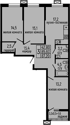 Планировка — Звезды, 3-комн., 86 м²
