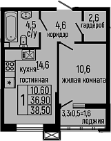 Планировка — Звезды, 1-комн., 37 м²