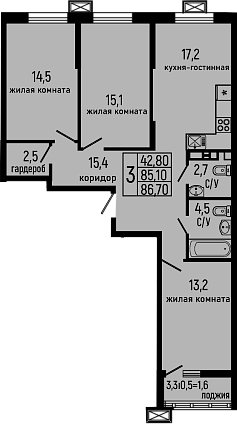 Планировка — Звезды, 3-комн., 85 м²