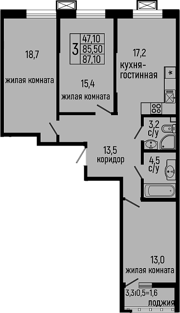 Планировка — Звезды, 3-комн., 86 м²