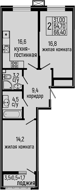 Планировка — Звезды, 2-комн., 65 м²