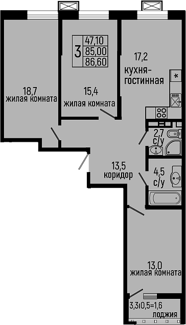 Планировка — Звезды, 3-комн., 85 м²