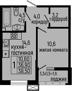 Планировка — Звезды, 1-комн., 37 м²