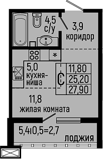 Планировка — Звезды, Студия, 25 м²