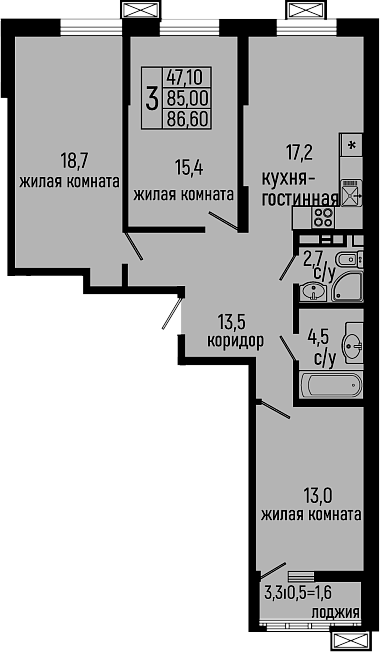 Планировка — Звезды, 3-комн., 85 м²