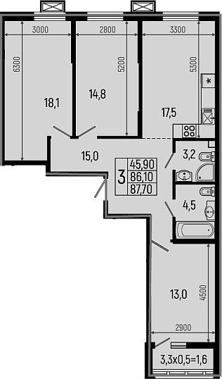 Планировка — Звезды, 3-комн., 86 м²