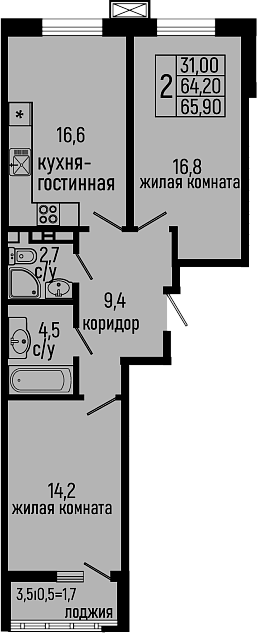 Планировка — Звезды, 2-комн., 64 м²