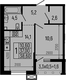 Планировка — Звезды, 1-комн., 37 м²