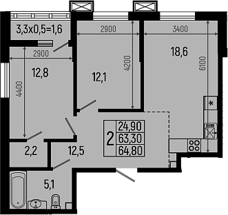 Планировка — Звезды, 2-комн., 63 м²