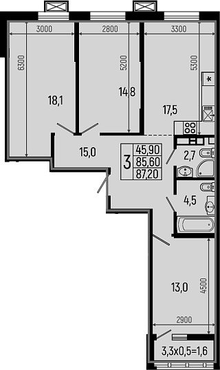 Планировка — Звезды, 3-комн., 86 м²