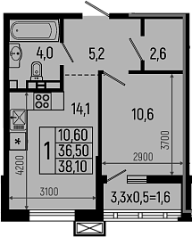 Планировка — Звезды, 1-комн., 37 м²