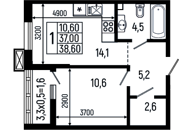 Планировка — Звезды, 1-комн., 37 м²