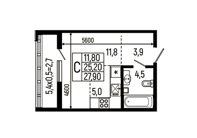 Планировка — Звезды, Студия, 25 м²
