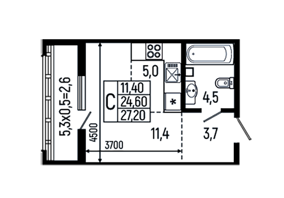 Планировка — Звезды, Студия, 25 м²