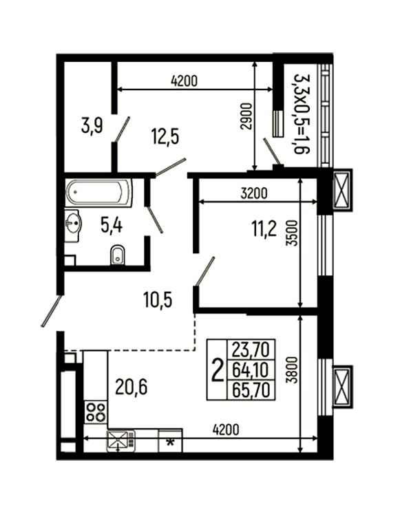 Планировка — Звезды, 2-комн., 64 м²