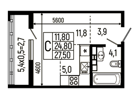 Планировка — Звезды, Студия, 25 м²