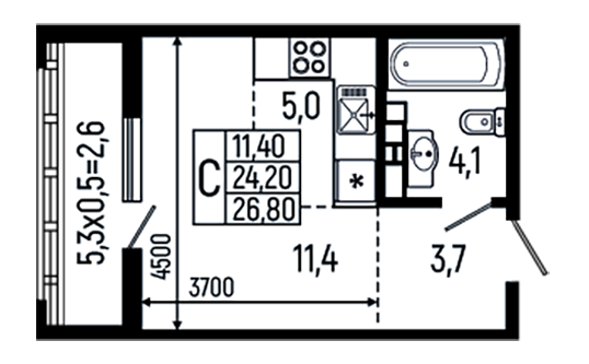 Планировка — Звезды, Студия, 24 м²