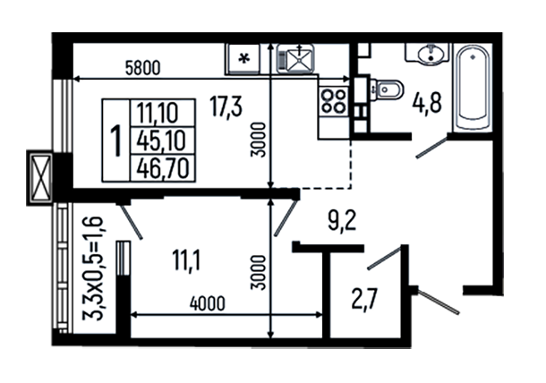 Планировка — Звезды, 1-комн., 45 м²
