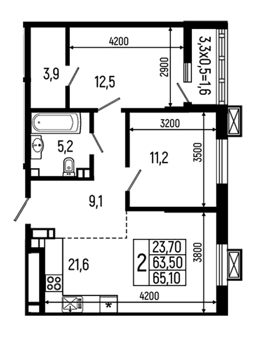 Планировка — Звезды, 2-комн., 64 м²