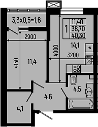 Планировка — Звезды, 1-комн., 39 м²