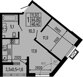 Планировка — Звезды, 1-комн., 45 м²
