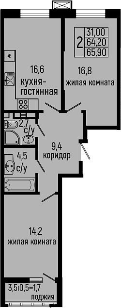 Планировка — Звезды, 2-комн., 64 м²