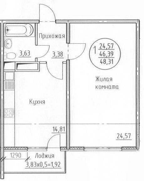Планировка — Солнечный, 1-комн., 46 м²