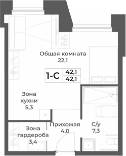 Планировка — RIZALTA RESORT BELOKURIKHA, Студия, 42 м²