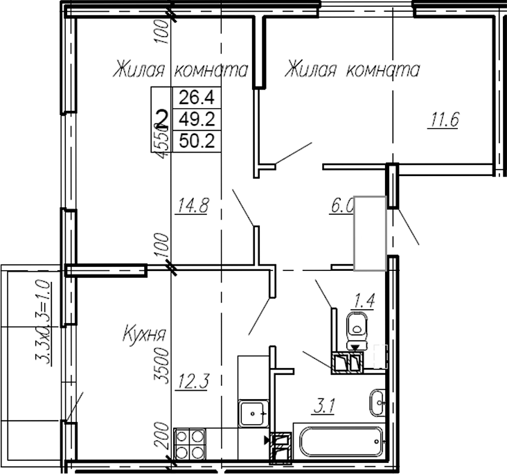 Планировка — Эво, 2-комн., 49 м²