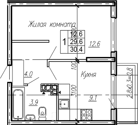 Планировка — Эво, 1-комн., 30 м²