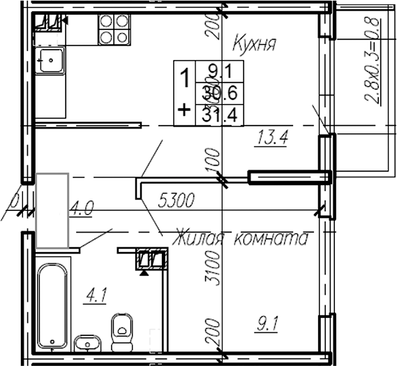 Планировка — Эво, 1-комн., 31 м²