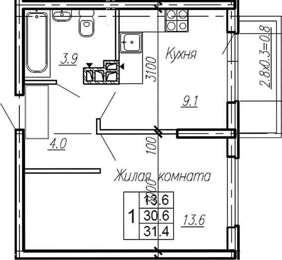 Планировка — Эво, 1-комн., 31 м²