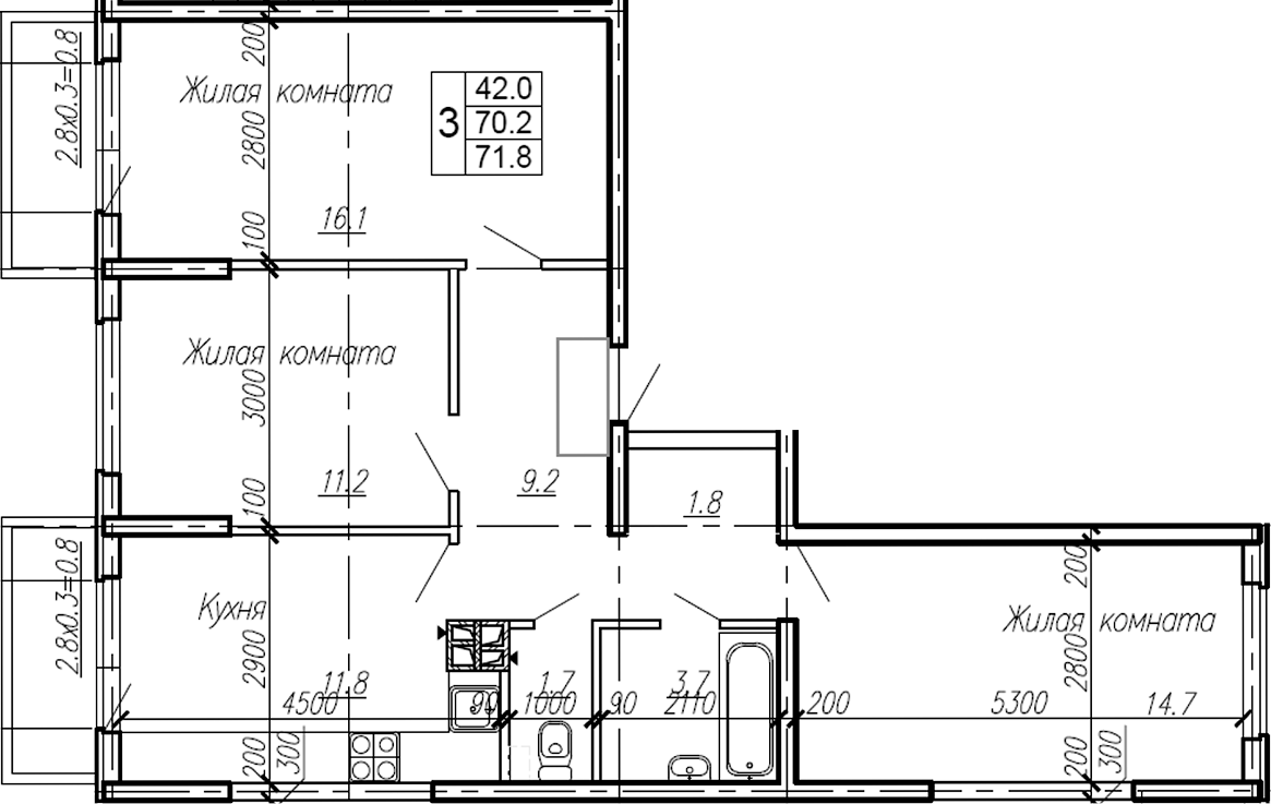 Планировка — Эво, 3-комн., 70 м²