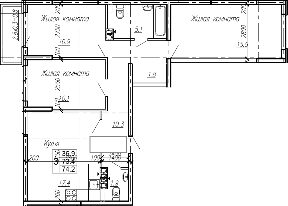 Планировка — Эво, 3-комн., 73 м²