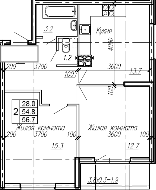 Планировка — Эво, 2-комн., 55 м²