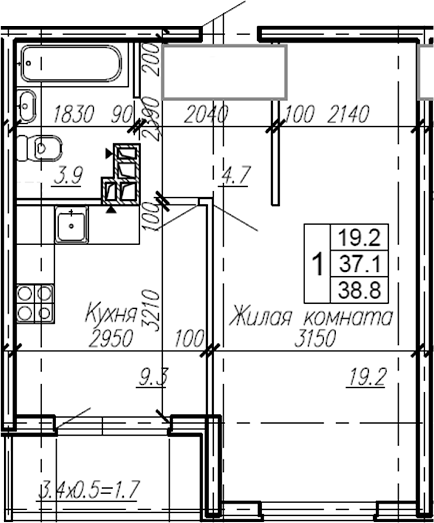 Планировка — Эво, 1-комн., 37 м²