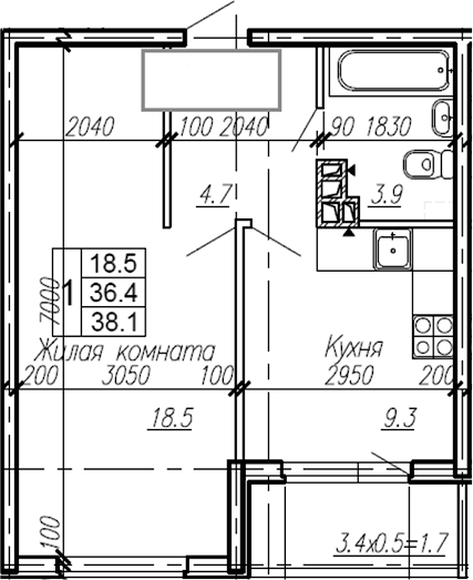 Планировка — Эво, 1-комн., 36 м²