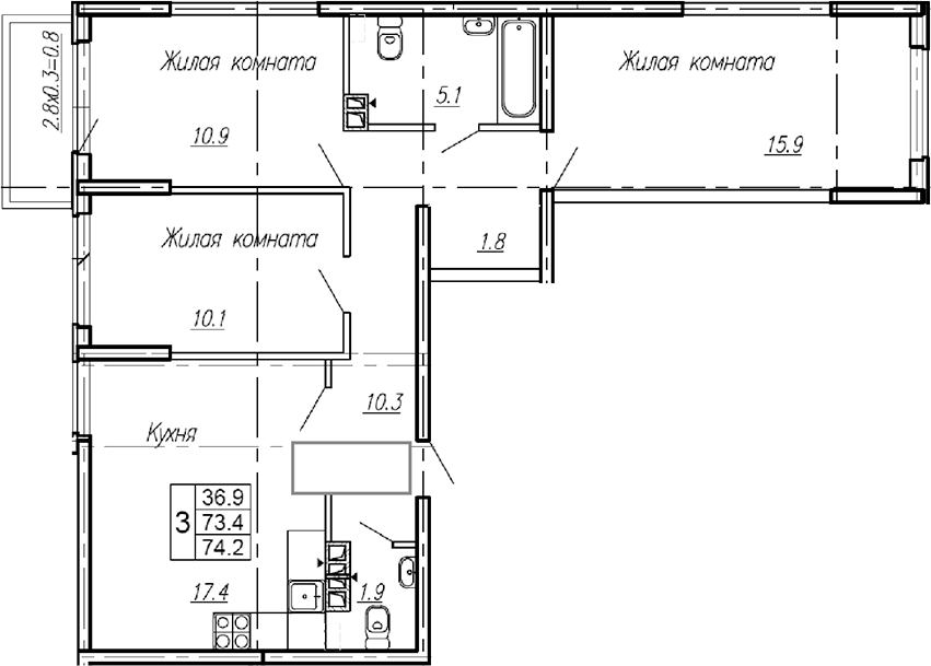 Планировка — Эво, 3-комн., 73 м²