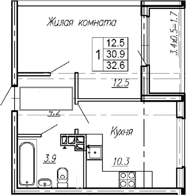 Планировка — Эво, 1-комн., 31 м²