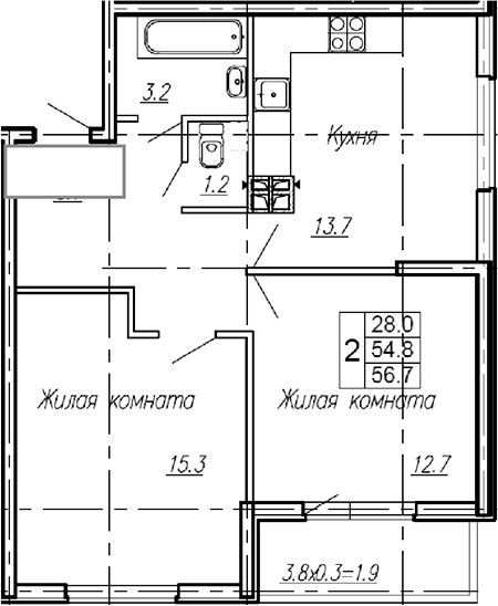 Планировка — Эво, 2-комн., 55 м²