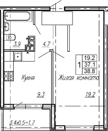 Планировка — Эво, 1-комн., 37 м²